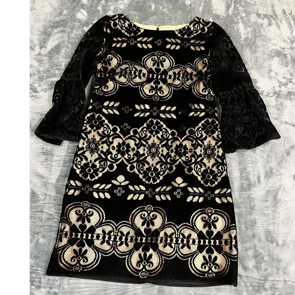 Eliza J Womens Black & Beige Embroidered Lace Shift Dress Size 4 Floral Sleeve
